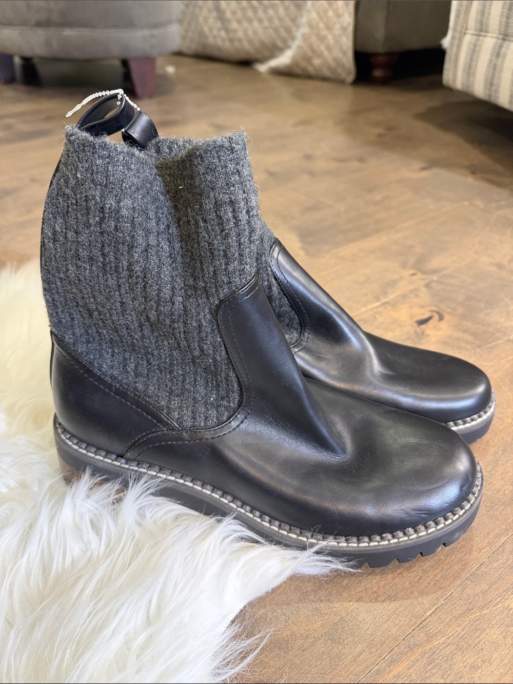 a new day Black Leather Ankle Boots with Gray Knit Shaft